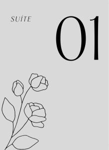 a black and white drawing of the number one with flowers at Suites da Bela 01 Caparaó in Caparaó Velho