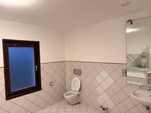 a bathroom with a toilet and a sink and a window at Monteur Darius in Spiesheim