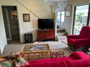 a living room with a tv and a red couch at Pet Friendly Country Cottage in Dunedin