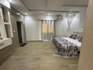 a bedroom with a bed and a chandelier at Villa Aida in Djilore