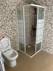 a bathroom with a toilet and a glass shower stall at Villa Aida in Djilore +3 photos