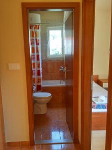 a bathroom with a toilet and a bath tub at Apartments Biser in Podgora