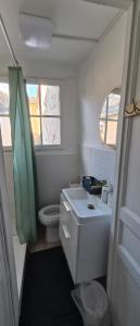 a bathroom with a sink and a toilet and a window at Blue T in Saint-Claude