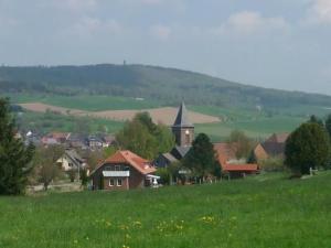 a small town in a green field with a church at Apartment by Interhome in Uslar