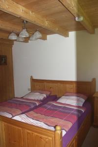 two twin beds in a room with wooden ceilings at Apartment Ausgebaute Scheune by Interhome in Kollnburg +4 photos