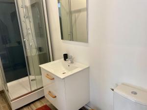 a white bathroom with a sink and a shower at La Sorga - gîte 12 personnes in Blesle +38 photos