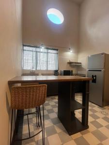 a kitchen with a large wooden table and a refrigerator at Apartamento 25 Centrico Chapala in Chapala