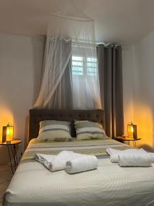 a bedroom with two beds with towels on them at Maryvent Apartment in Sainte-Anne