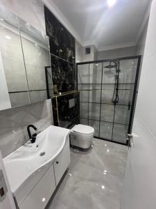 a bathroom with a sink and a shower and a toilet at Bediroğlu Airport Apart in Arnavutköy +67 photos
