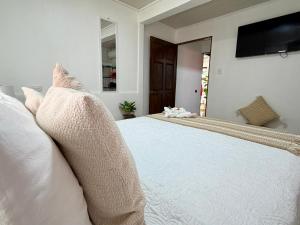 a bedroom with a bed with white pillows and a television at Retiro Arenal in Fortuna