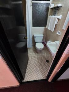 a small bathroom with a toilet and a sink at Hotel Mesón del Rey in Oaxaca City +16 photos