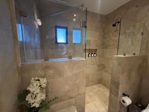 a bathroom with a shower with a glass door at Grecia en ValQuirico in Santeagueda +18 photos