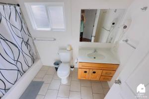 a bathroom with a toilet and a sink and a mirror at Central Berkeley Garden Oasis in Berkeley