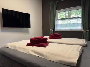 two white beds with red towels on them in a room at Holiday Home Feriendorf E44 by Interhome in Husen +28 photos