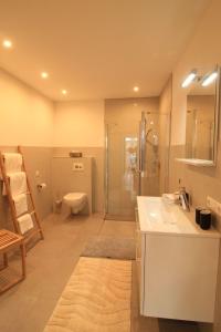 a bathroom with a sink and a shower and a toilet at Apartment Feldblick by Interhome in Hartheim