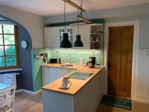 a kitchen with green and blue walls and a counter at Apartment Seerose by Interhome in Bleckede