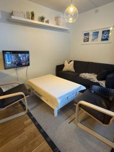 a living room with a bed and a couch at Oppheim Resort - Pool, Sauna & Lake! in Vossevangen +17 photos