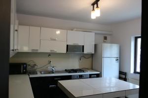 a kitchen with white cabinets and a white refrigerator at Cabana Transalpina in Ranca