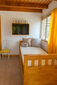 a bedroom with a bed and a tv on the wall at An Dina House in Dina Huapi