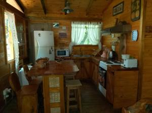 a kitchen with a refrigerator and a table in a cabin at Cabaña Lo de VIVI in Casa Grande