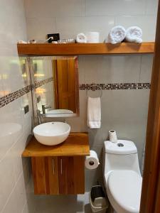 a bathroom with a sink and a toilet and a mirror at Monkey House, Monterrey in San Cristóbal +14 photos
