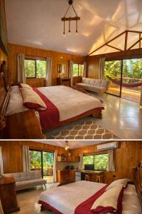 a bedroom with two beds in a room with windows at Monkey House, Monterrey in San Cristóbal