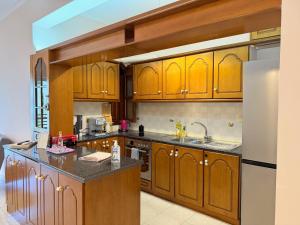 a kitchen with wooden cabinets and a stainless steel refrigerator at Zeus Beach Condo in Vernardhaíika