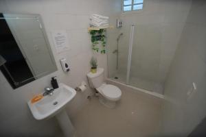 a bathroom with a toilet and a sink and a shower at franchecis hostal cerca del mar in Juan Dolio