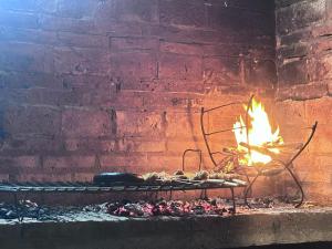 a fire in a brick oven with food on a table at Casa quinta oro verde in Oro Verde