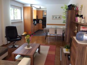 ein Wohnzimmer mit einem Tisch und einer Küche in der Unterkunft Fiona in Locarno
