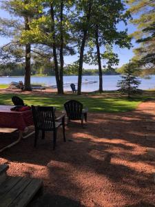 two benches and a picnic table in front of a lake at Northwoods Lake Content Cabin in Saint Germain +8 photos