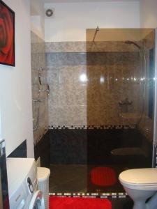 a bathroom with a shower with a toilet and a sink at M. Mažvydo al. butas in Klaipėda