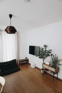 a living room with a couch and a flat screen tv at Furano Cozy Whole House for 6 - Near lavender farm and Ski Resort - free parking in Nakafurano +50 photos