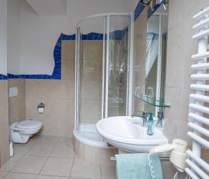 a bathroom with a sink and a shower and a toilet at Gästehaus Eisenerz in Eisenerz