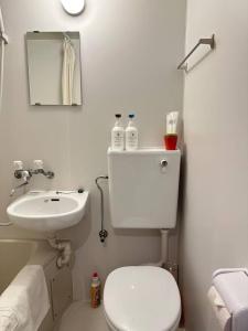 a white bathroom with a toilet and a sink at Small hidden wooden house in Osaka