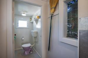 a bathroom with a pink toilet and a window at Ohakune's Yellow Door in Ohakune