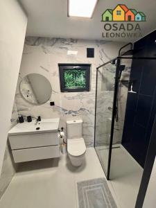 a bathroom with a toilet and a sink and a mirror at Osada Leonówka in Leonów +21 photos
