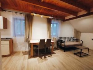 a kitchen and dining room with a table and chairs at Apartmány v Bývalém mlýně in Rokytnice v Orlických Horách