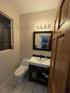 a bathroom with a toilet and a sink and a mirror at Villa Paradiso in Basseterre