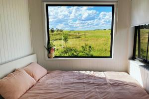 a bed in a room with a large window at The tiny homes at The Original Farm in Yass +22 photos