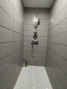 a shower in a white tiled bathroom at Les nichoirs - Appartemment à Vouvray in Vouvray