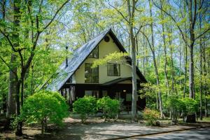 a house with a black roof in the forest at 山水苑-道-温泉付き貸別荘ガイアリゾート in Zao