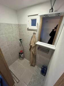 a bathroom with a shower with a sink and a mirror at Maringotka uprostřed divočiny in Proseč