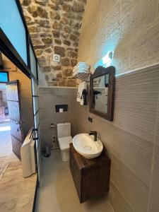 a bathroom with a sink and a mirror and a toilet at Sıla Konağı Hotel in Mardin