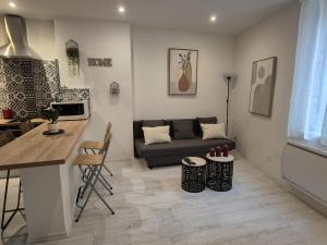a small living room with a couch and a kitchen at Le Cocon de la Cathédrale au cœur de Metz in Metz +12 photos