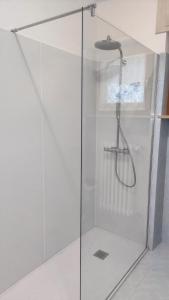 a shower with a glass door in a bathroom at Casa Vallina - Garden & Mountain View in Castion +10 photos