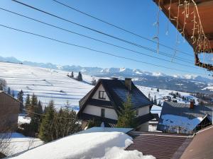 a house in the snow with mountains in the background at Agroturystyka Ela in Rzepiska