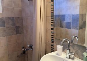 a bathroom with a sink and a shower at Alkyonis House in Platithriás