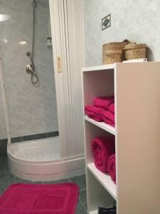 ein Badezimmer mit rosa Handtüchern und einer Dusche in der Unterkunft Appartamento Gna Turidda in Ragusa