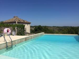 a swimming pool with a pink lifesaver in front of a house at Gîte Manoir in Bouloc